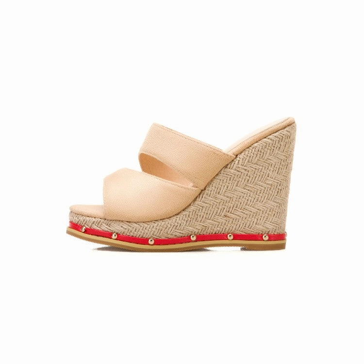 Gemstone Sandals Women's Solid Color Rivets Woven Wedge Heel Platform Sandals