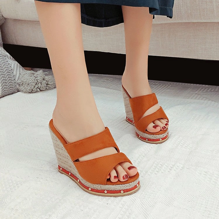 Women's Solid Color Rivets Woven Wedge Heel Platform Sandals Mid Heel Sandals