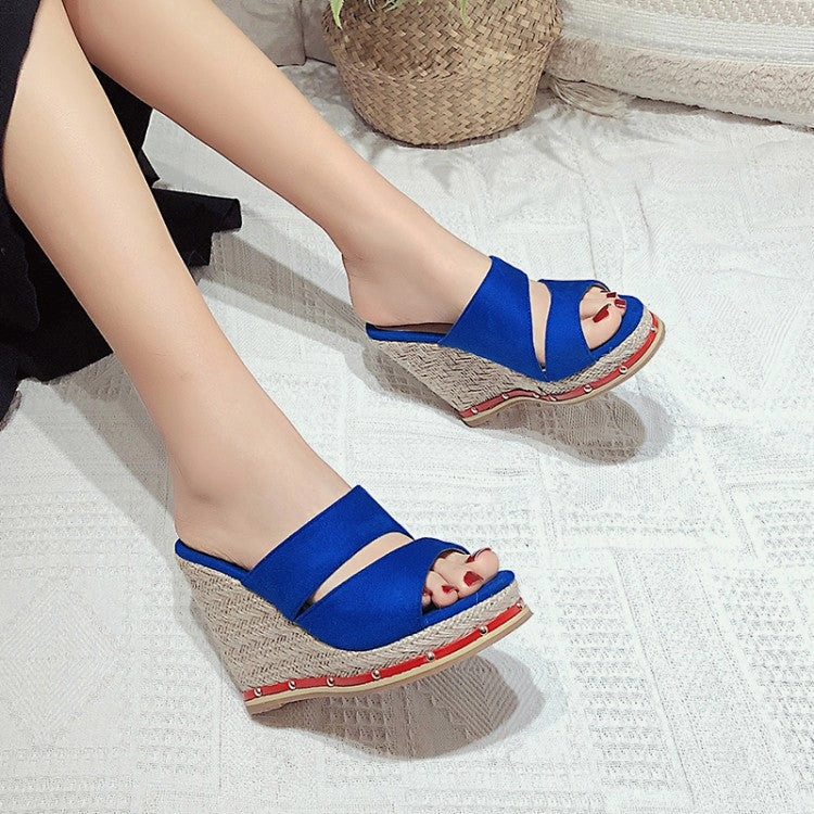 Walk Sandals Comfortable Women's Solid Color Rivets Woven Wedge Heel Platform Sandals