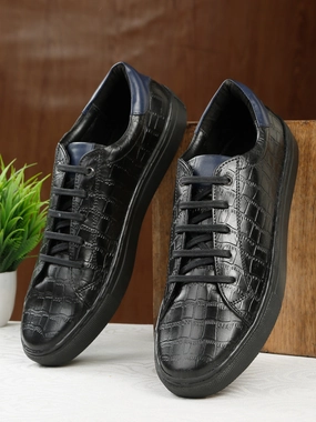 Casual Elegant Shoes Men's Stylish Black Lace-Up Texture Sneakers Leather Shoes