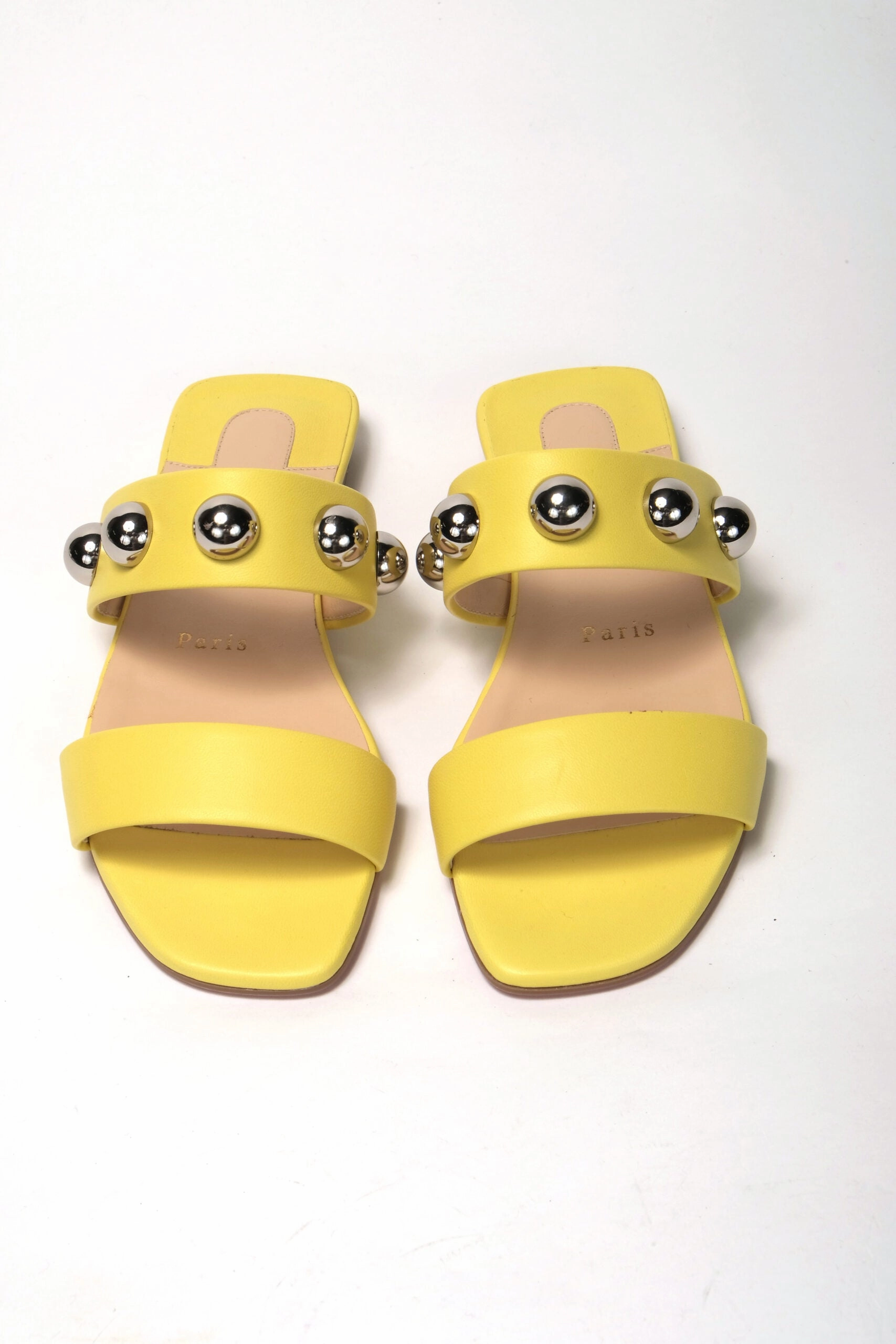 1920 Flat Shoes Christian Louboutin Bright Yellow Silver Wide Strap Studded Flat