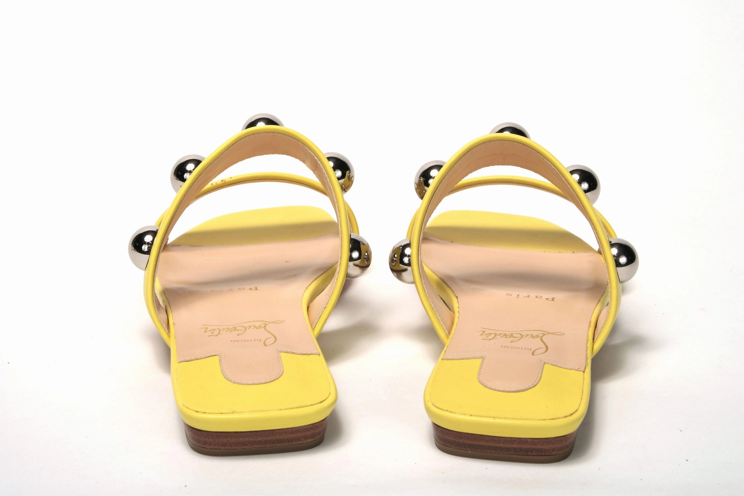 Christian Louboutin Bright Yellow Silver Wide Strap Studded Flat Flat Shoes Office
