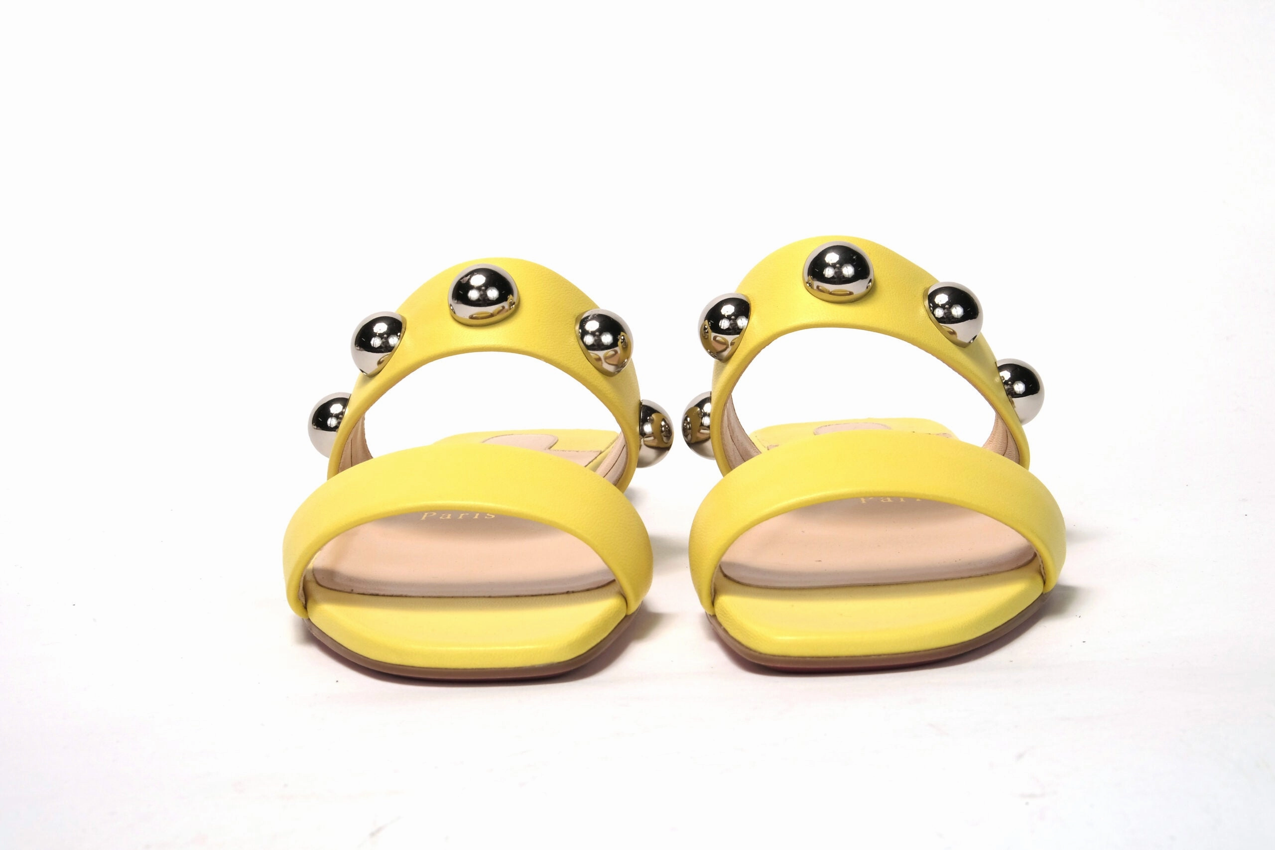 Christian Louboutin Bright Yellow Silver Wide Strap Studded Flat Flat Shoes Big Size