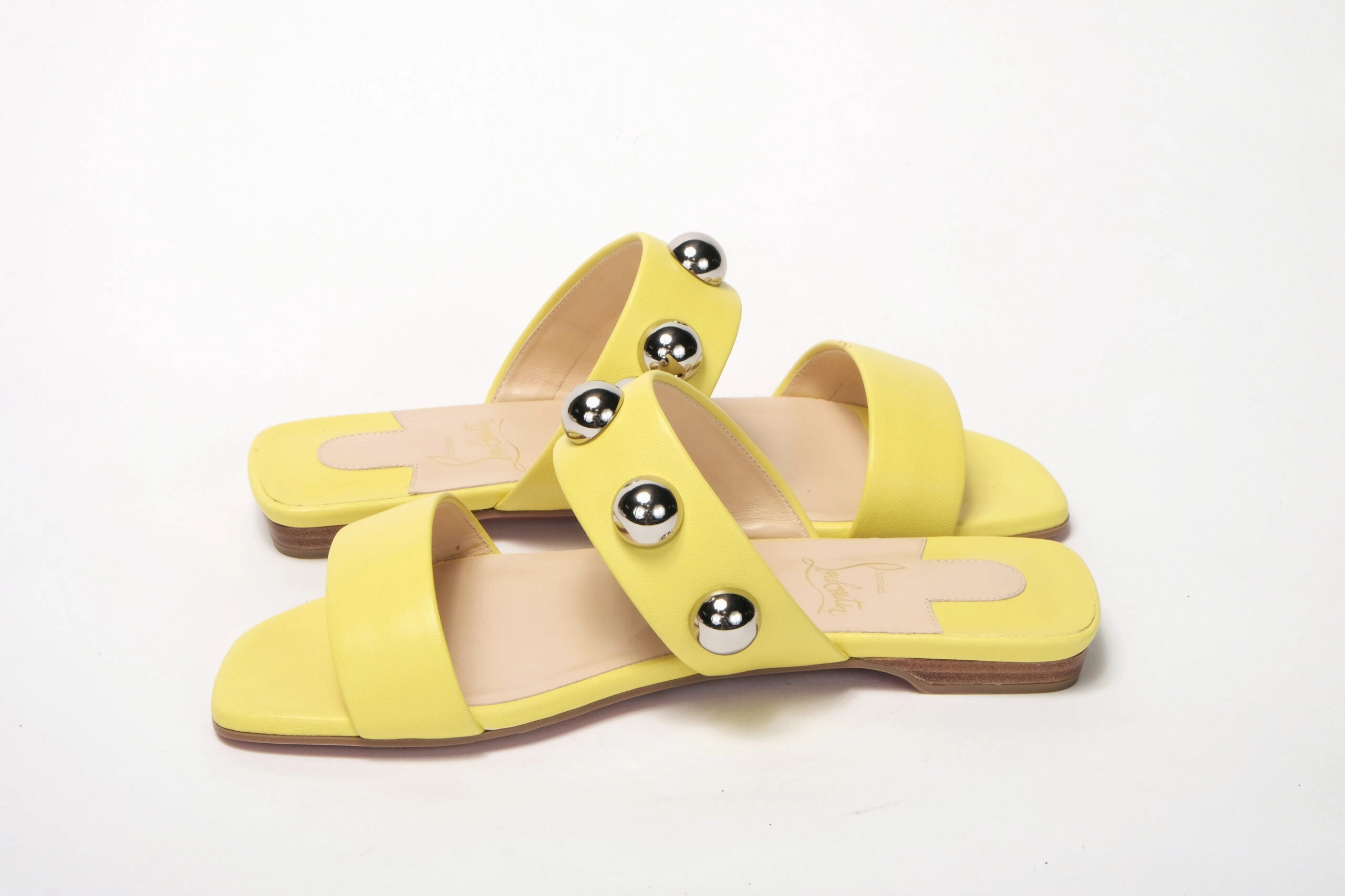 Christian Louboutin Bright Yellow Silver Wide Strap Studded Flat Standing Shoes For Flat Feet