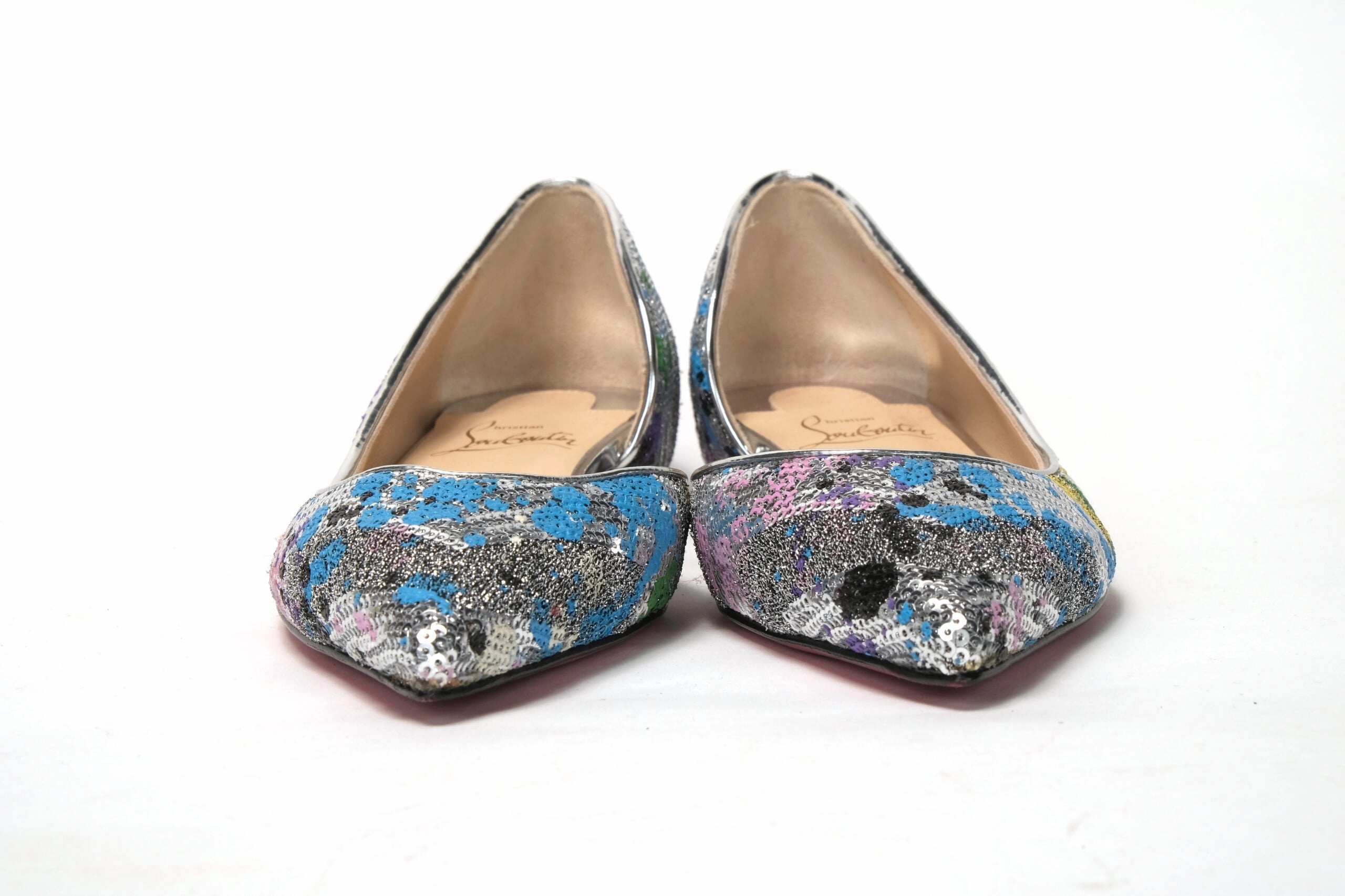 White Flat Shoes Christian Louboutin Multicolor Silver Flat Point Toe Shoe