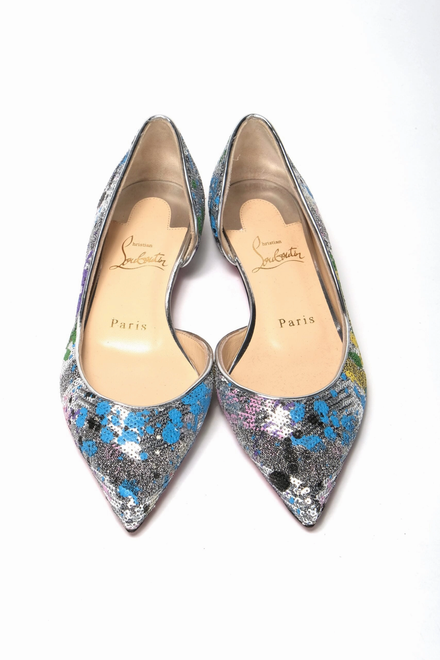 Christian Louboutin Multicolor Silver Flat Point Toe Shoe Comfortable Ballet Flat Shoes