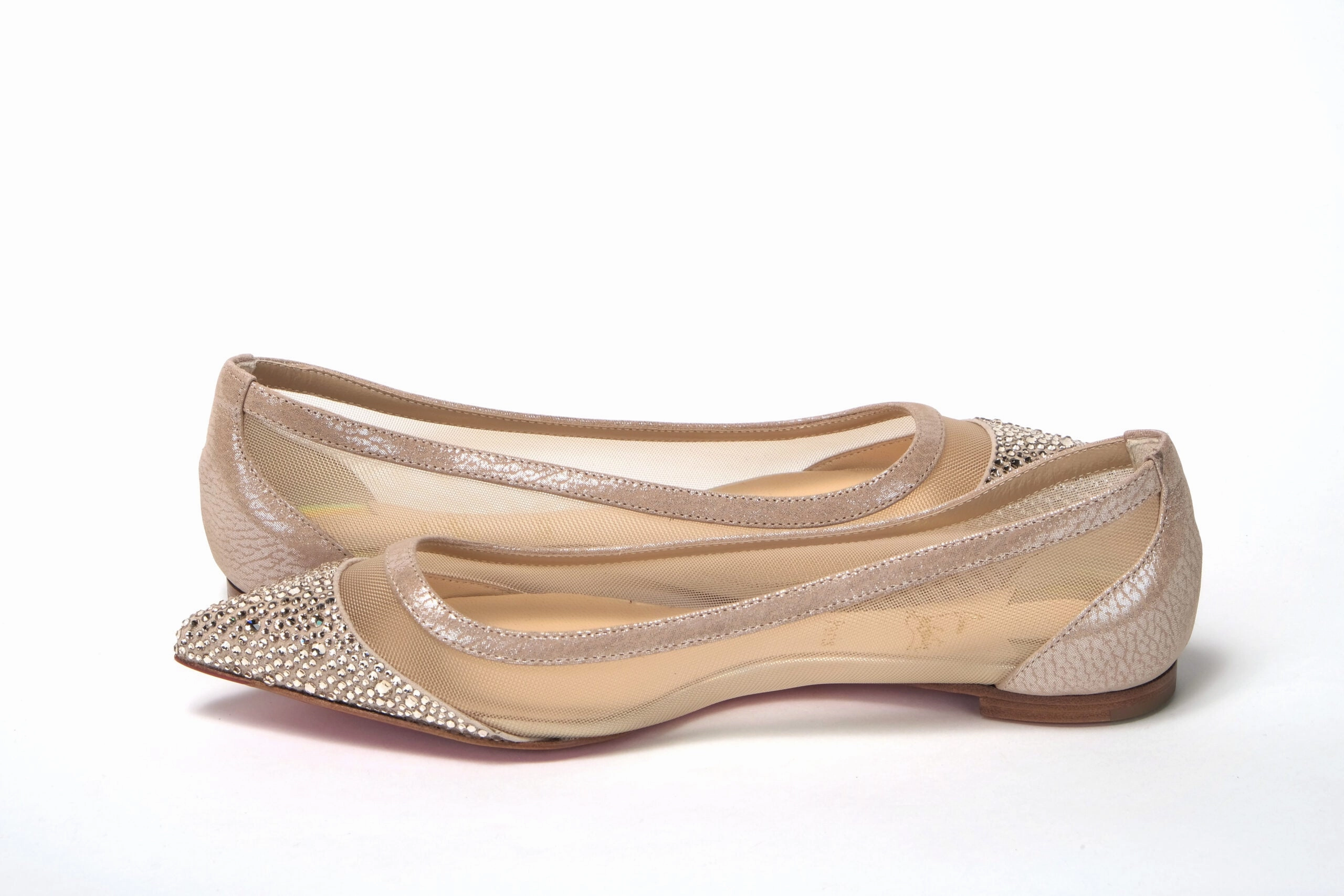 Christian Louboutin Silver Flat Point Toe Crystals Shoe Flat Dress Up Shoes