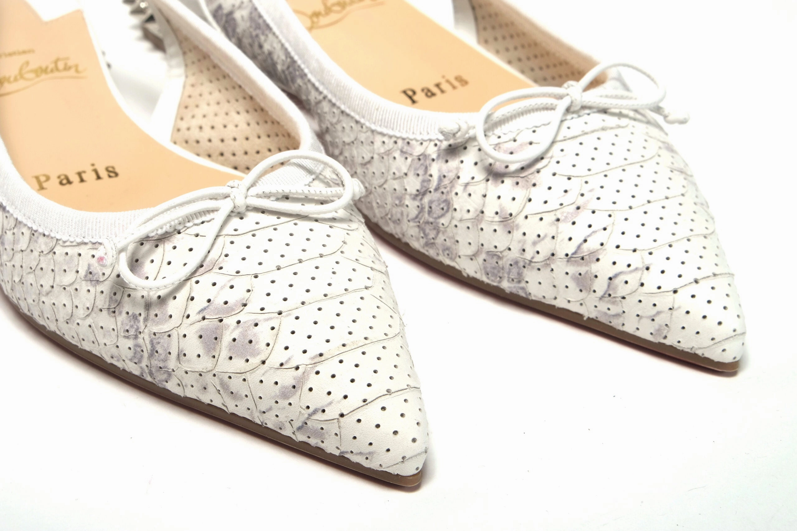 Flat Gym Shoes Christian Louboutin White Perforated Printed Flat Point Toe Shoe