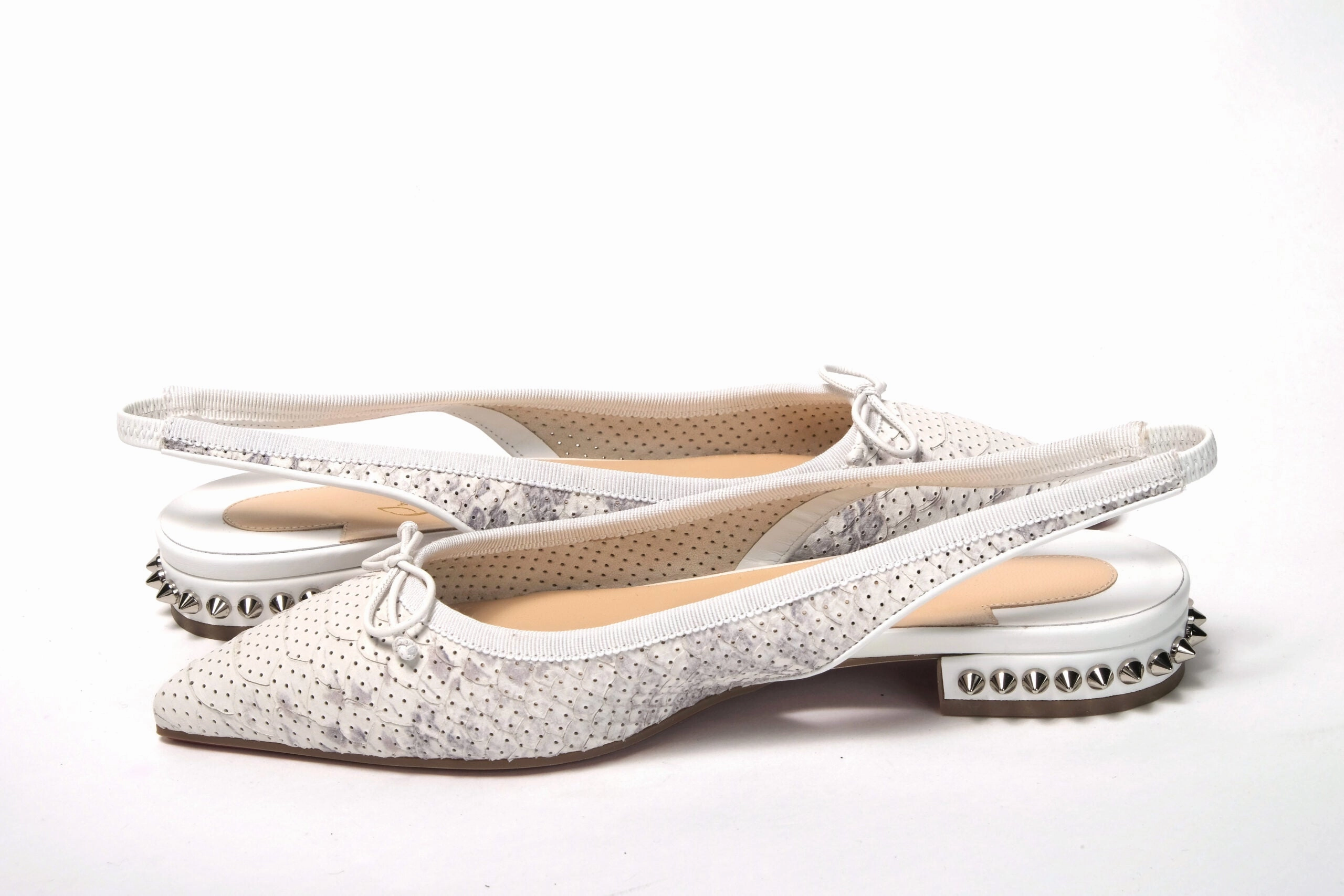 Christian Louboutin White Perforated Printed Flat Point Toe Shoe Feather Flat Shoes