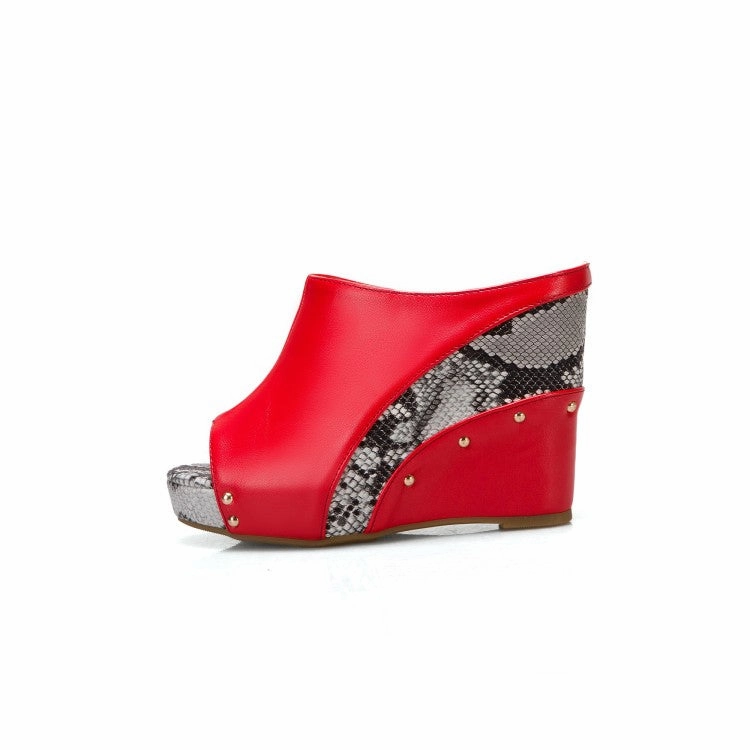 Women's Solid Color Peep Toe Print Rivets Wedge Heel Platform Sandals Mira Bay Sandals