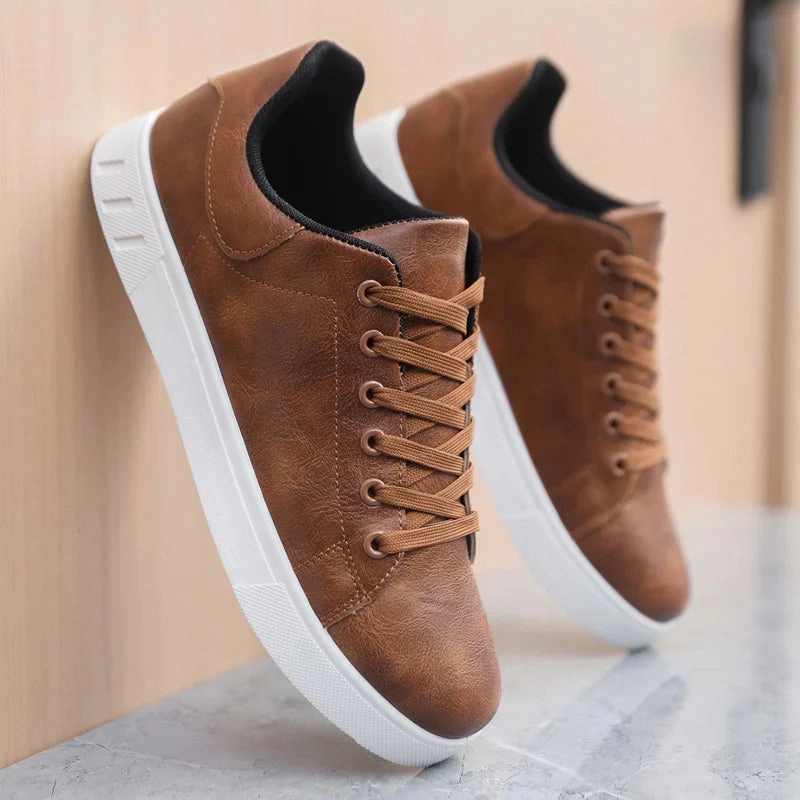 Classic Men Leather Shoes Thick-soled Casual Sneakers Trendy Lace-up Walking Shoes Spring Anti-slip Comfortable Vulcanized Shoes Running Shoes For Feet