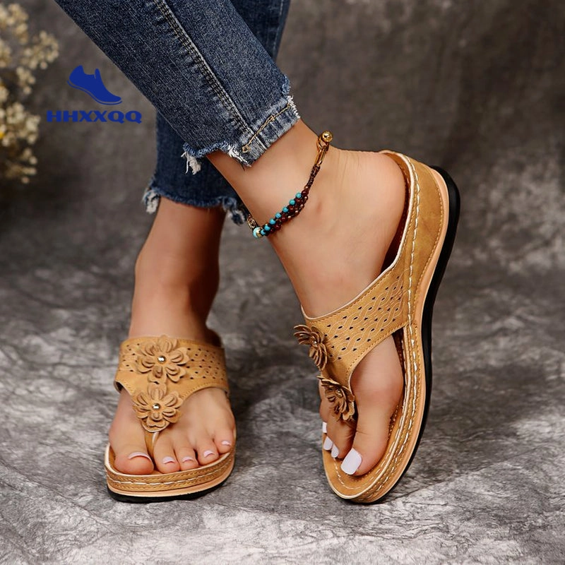 Sandals with Arch Support Anti-Slip wedges Sandal Vintage flower Flip Flop slippers comfortable Casual Wedge Sandals Shoes Elastic Strap Sandals