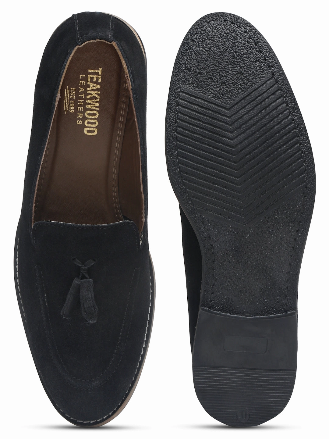 Classic Nylon Casual Shoes Teakwood Leather Men Solid Black Round-Toe Tasseled Loafers