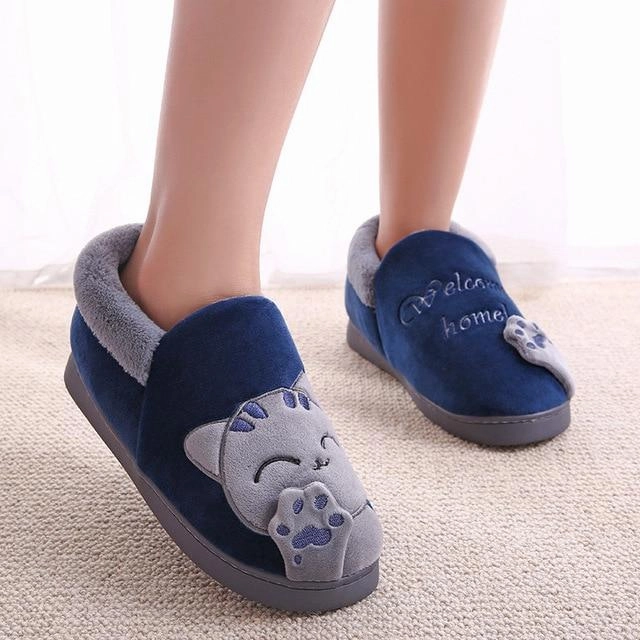 Cute cat slippers push warm winter house shoes Shaggy Slippers