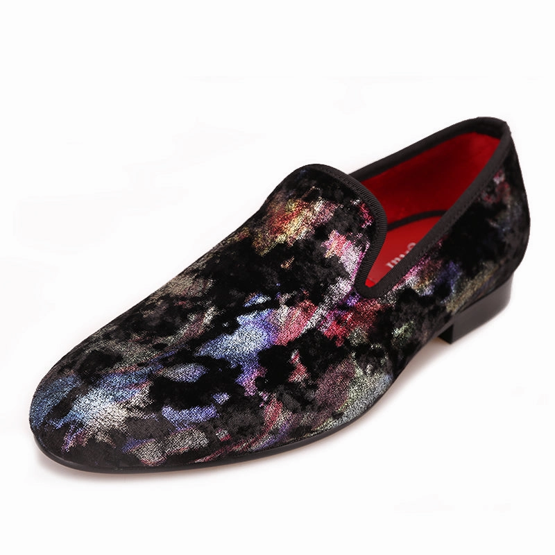 Gravel Flat Pedal Shoes OneDrop Handmade Colorful Prints Men Dress Shoes Velvet Party Wedding Prom Loafers
