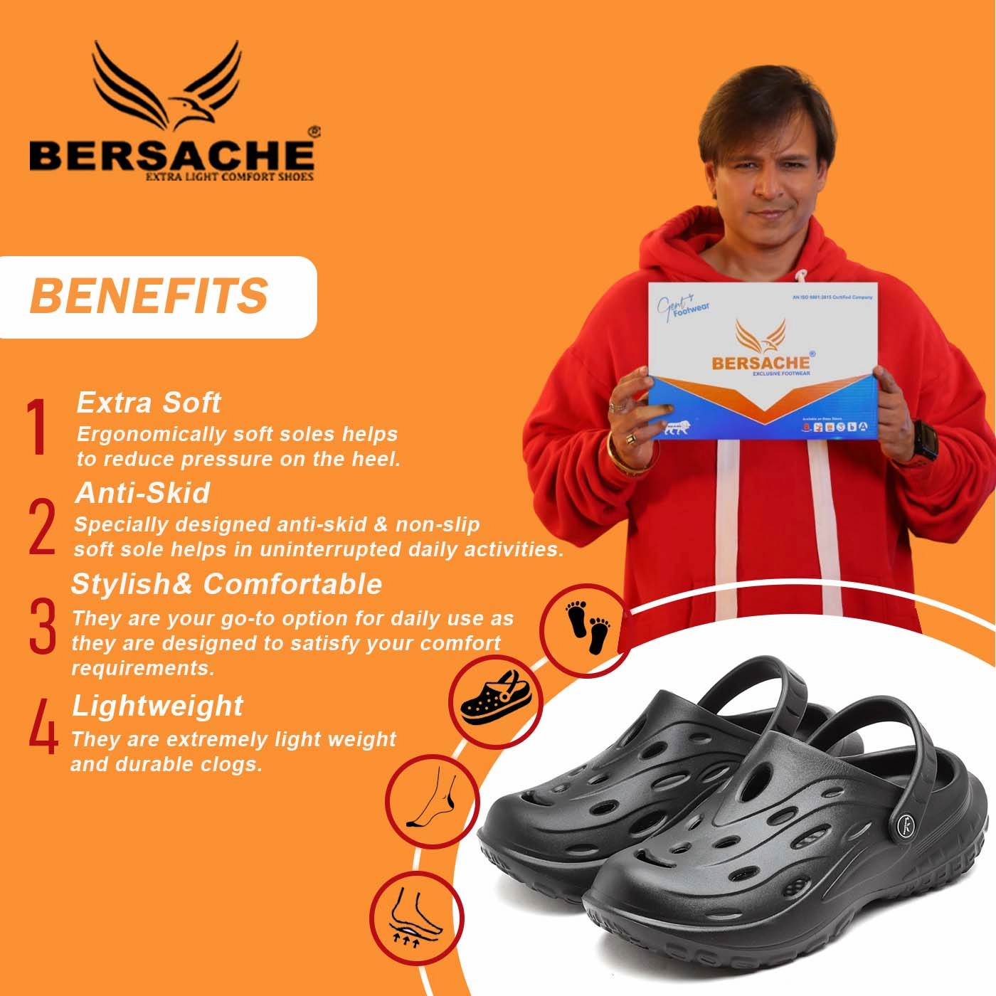 Bersache Extra Soft Classic Casual with  Regular wear with Ultra Soft & Flexibility Technology Clog's for Men's & Boy's (6126-Black) Cow Skin Slippers