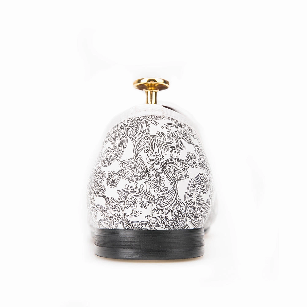 OneDrop Handmade Paisley Prints Men Dress Shoes White Slipper Wedding Party And Prom Loafers Flat Tie Shoes