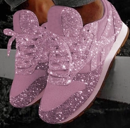 Pink Loafers Women's Sneakers Flat Vulcanized Shoes Lace Up Bling Bling Platform