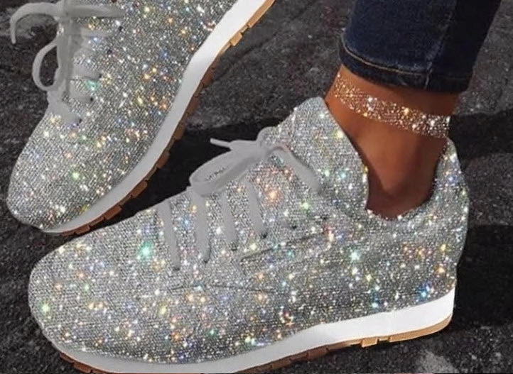 Women's Sneakers Flat Vulcanized Shoes Lace Up Bling Bling Platform Loafers With Tights