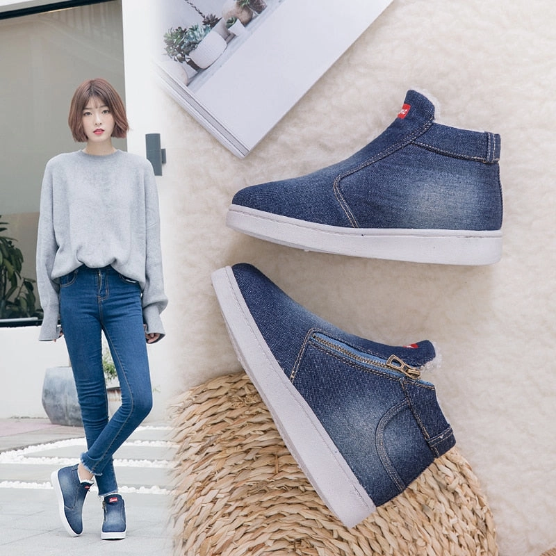 Flatform Loafers Women Fashion Denim Fleeces Breathable Hollow Lace-Up Sneakers Shoes
