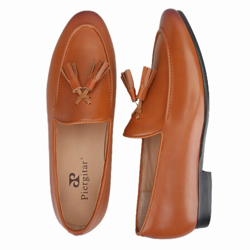 Gold Slides Two Colors Cowhide Men Shoes With Leather Tassels Handmade Party Slip-On Loafers