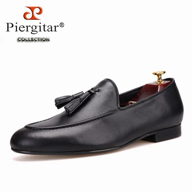 Best Slide Sandals Two Colors Cowhide Men Shoes With Leather Tassels Handmade Party Slip-On Loafers