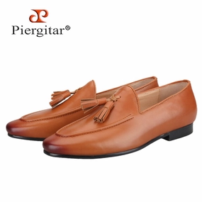 Two Colors Cowhide Men Shoes With Leather Tassels Handmade Party Slip-On Loafers Quinceanera Slippers