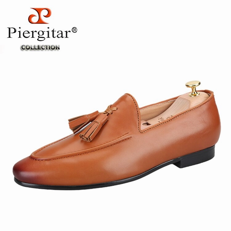 Two Colors Cowhide Men Shoes With Leather Tassels Handmade Party Slip-On Loafers Slides & Sandals