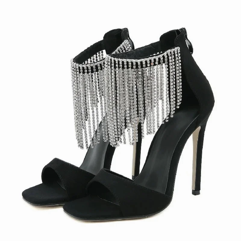 Amozae-Summer Crystal Fringe Peep Toe Woman Sandals Fashion Design Zipper Thin High Heels Banquet Stripper Shoes Sandals Dolce And Gabbana