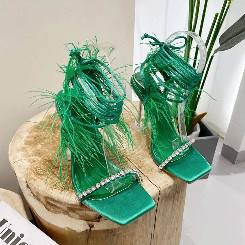 Sandals Fuzzy Feather Transparent High Heels Sexy Shoes Benassi Slide Sandals