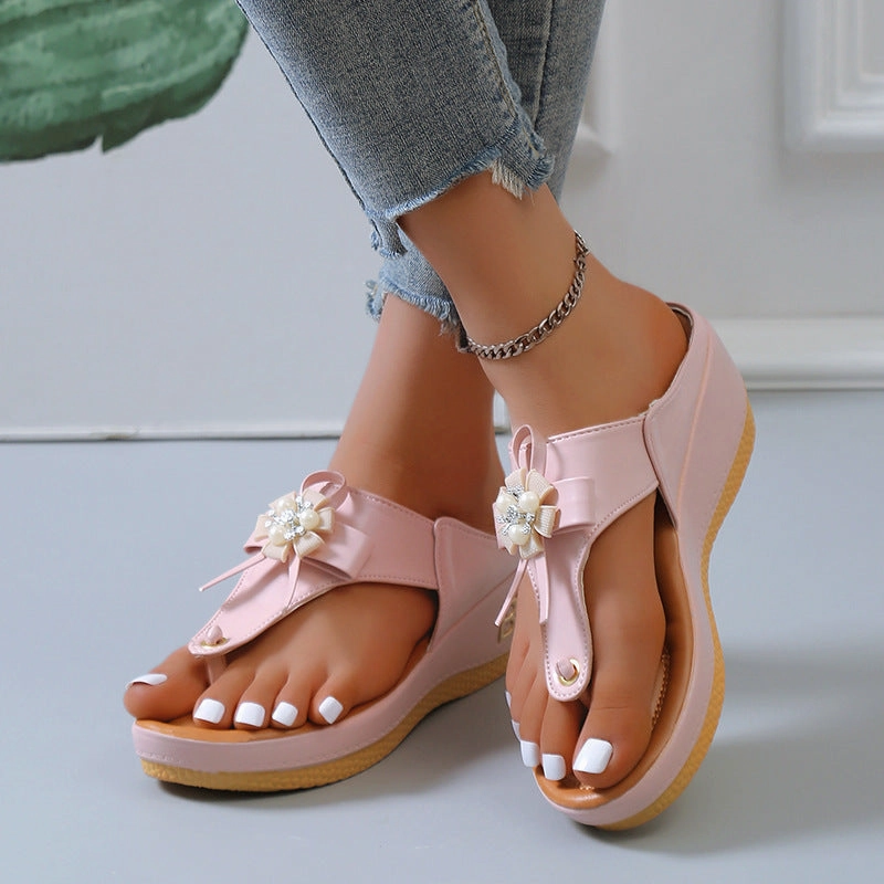 Flower Pearl Sandals Women Fashion Clip Toe Flip Flops Shoes Wedges Beach Shoes Cowboy Boot Flip Flops