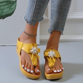 Flower Pearl Sandals Women Fashion Clip Toe Flip Flops Shoes Wedges Beach Shoes Goofy Flip Flops
