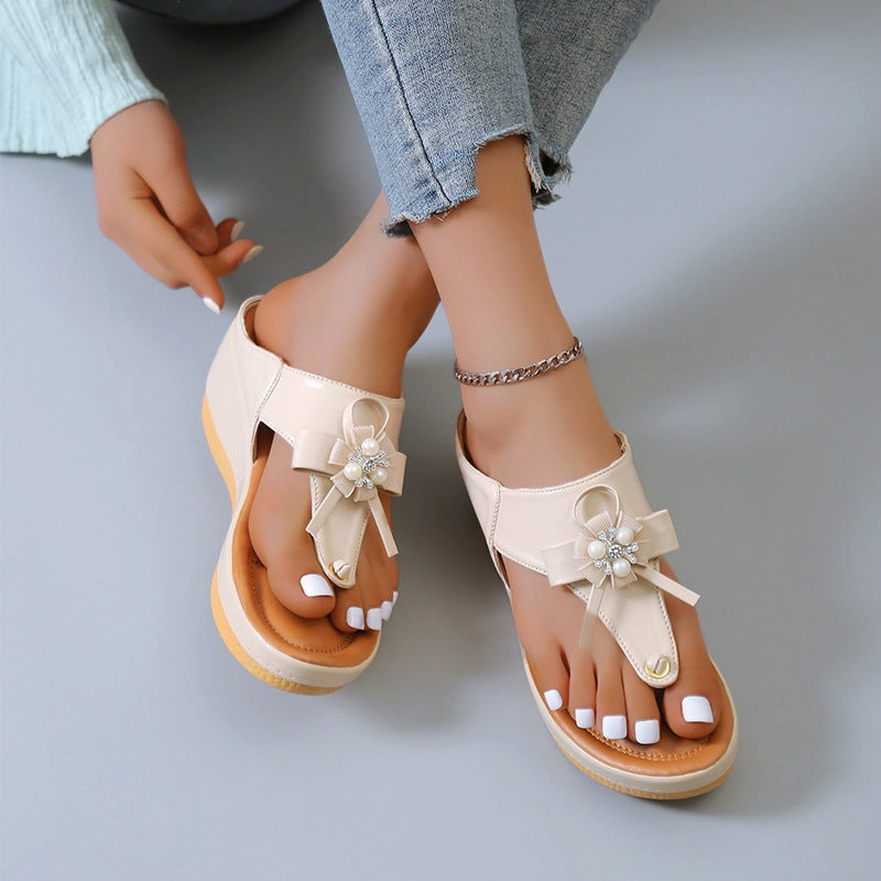 Flower Pearl Sandals Women Fashion Clip Toe Flip Flops Shoes Wedges Beach Shoes Slippery Flip Flops
