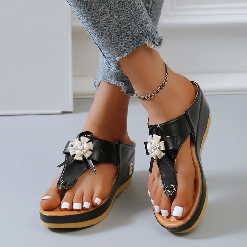 Flower Pearl Sandals Women Fashion Clip Toe Flip Flops Shoes Wedges Beach Shoes Parrot Flip Flops