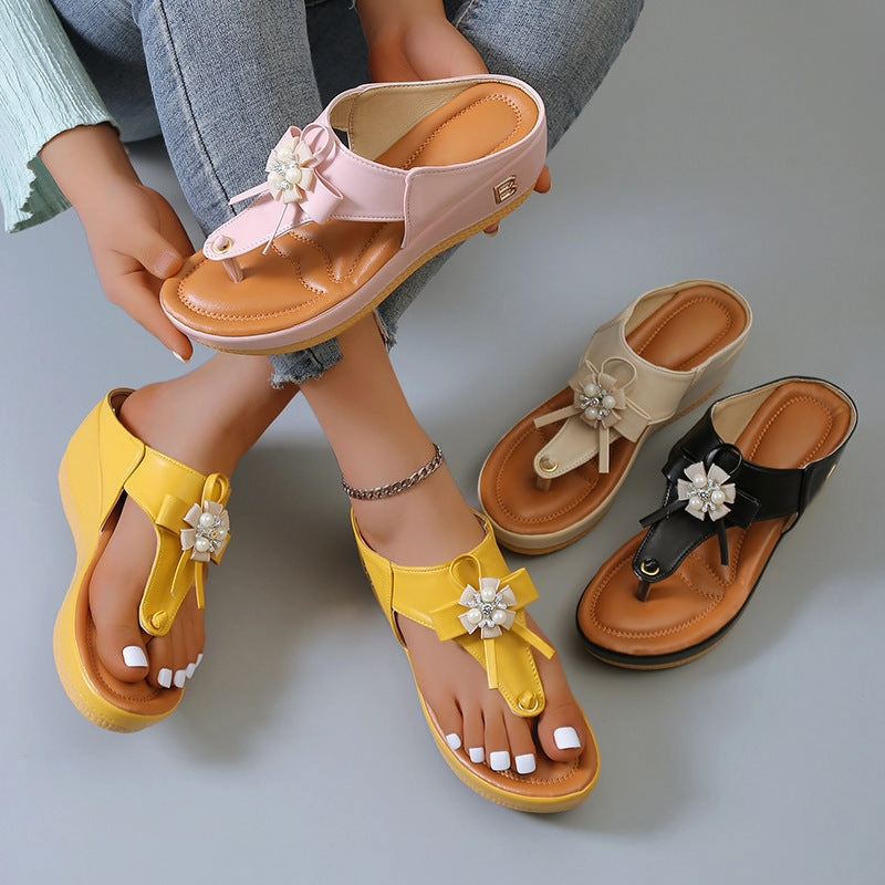 Flip Flop Dbd Flower Pearl Sandals Women Fashion Clip Toe Flip Flops Shoes Wedges Beach Shoes