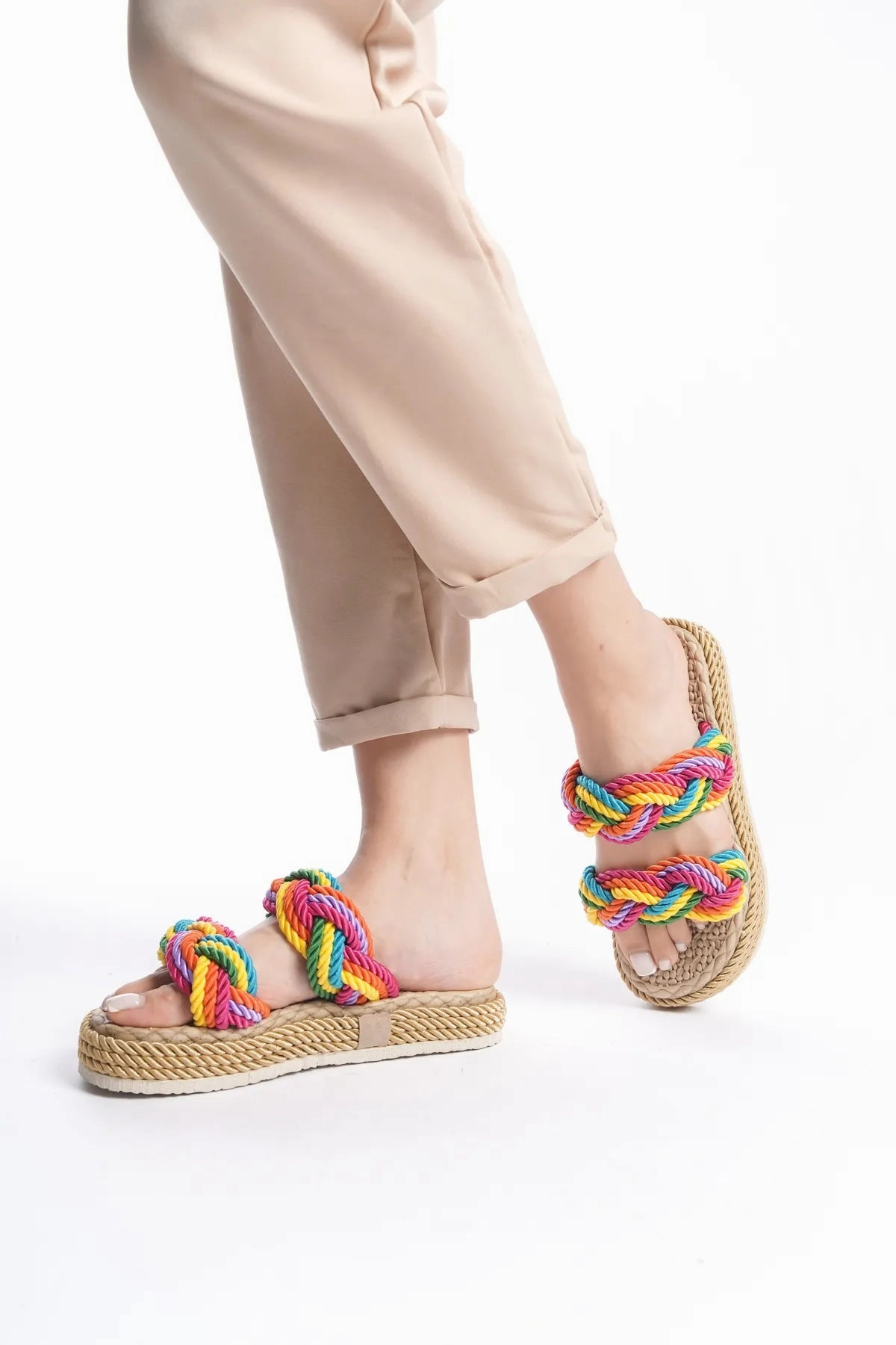 NexaNook Women's Rope Drawstring High Sole Straw Slippers Happy Days Slippers