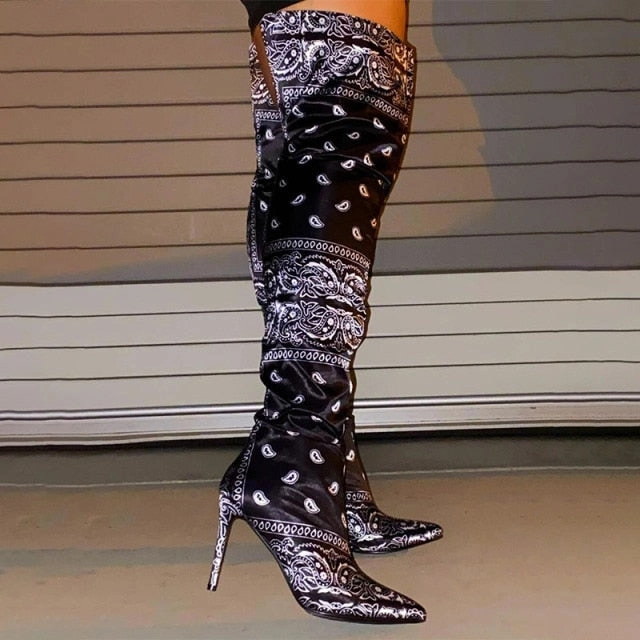 Bandana Slippers NOTORIOUS - OG PRETTY! BAG & THIGH BOOTS SET - Bandana Sandals High-heeled Slides Fashion Luxury Bags Purses Purse Set Woman Shoes High Heels Sexy