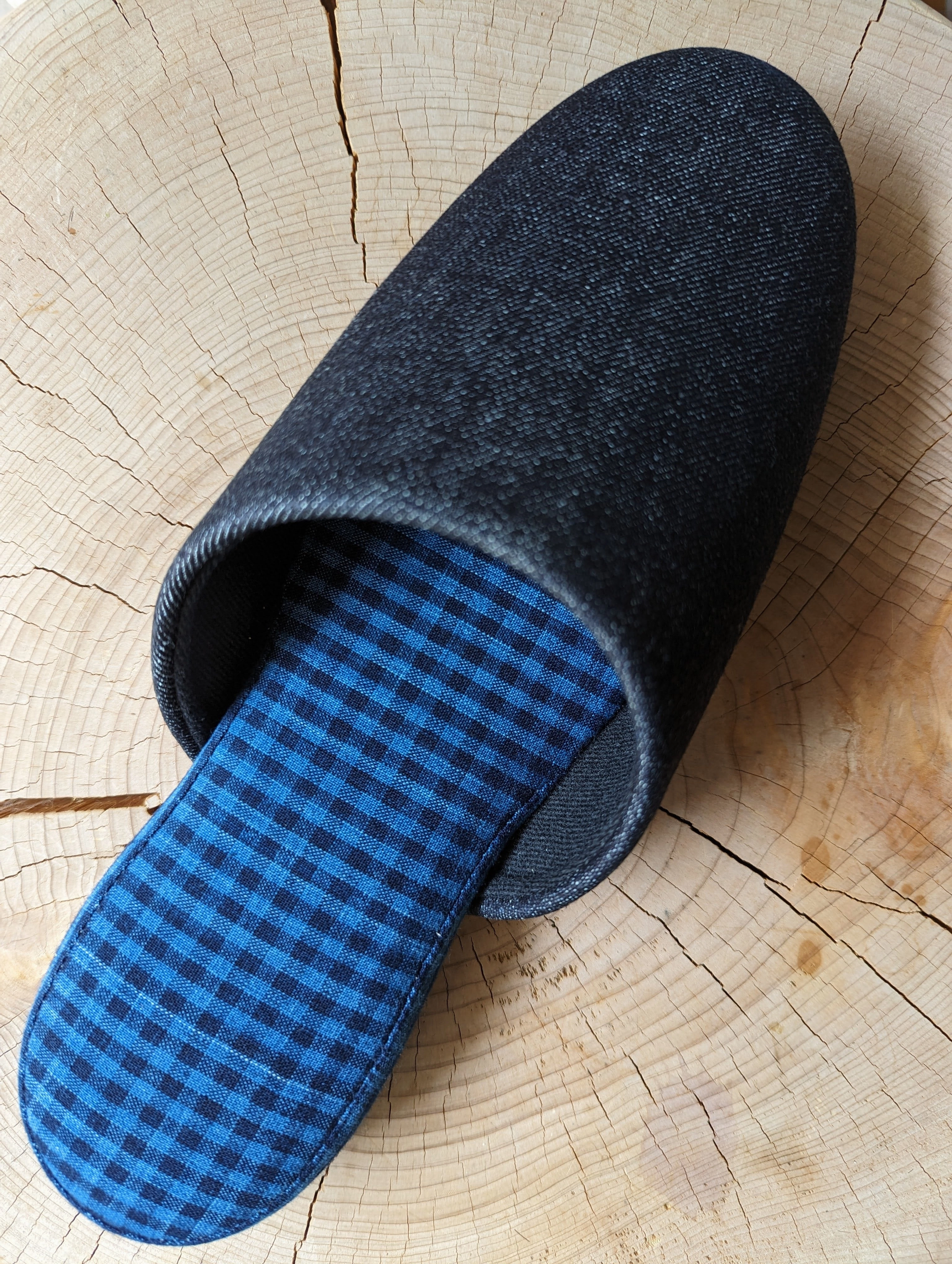 Denim Blue Checkered Plaid Mix Slippers [Black wool felt sole] 2 size Large / XL Pointed Toe Slides