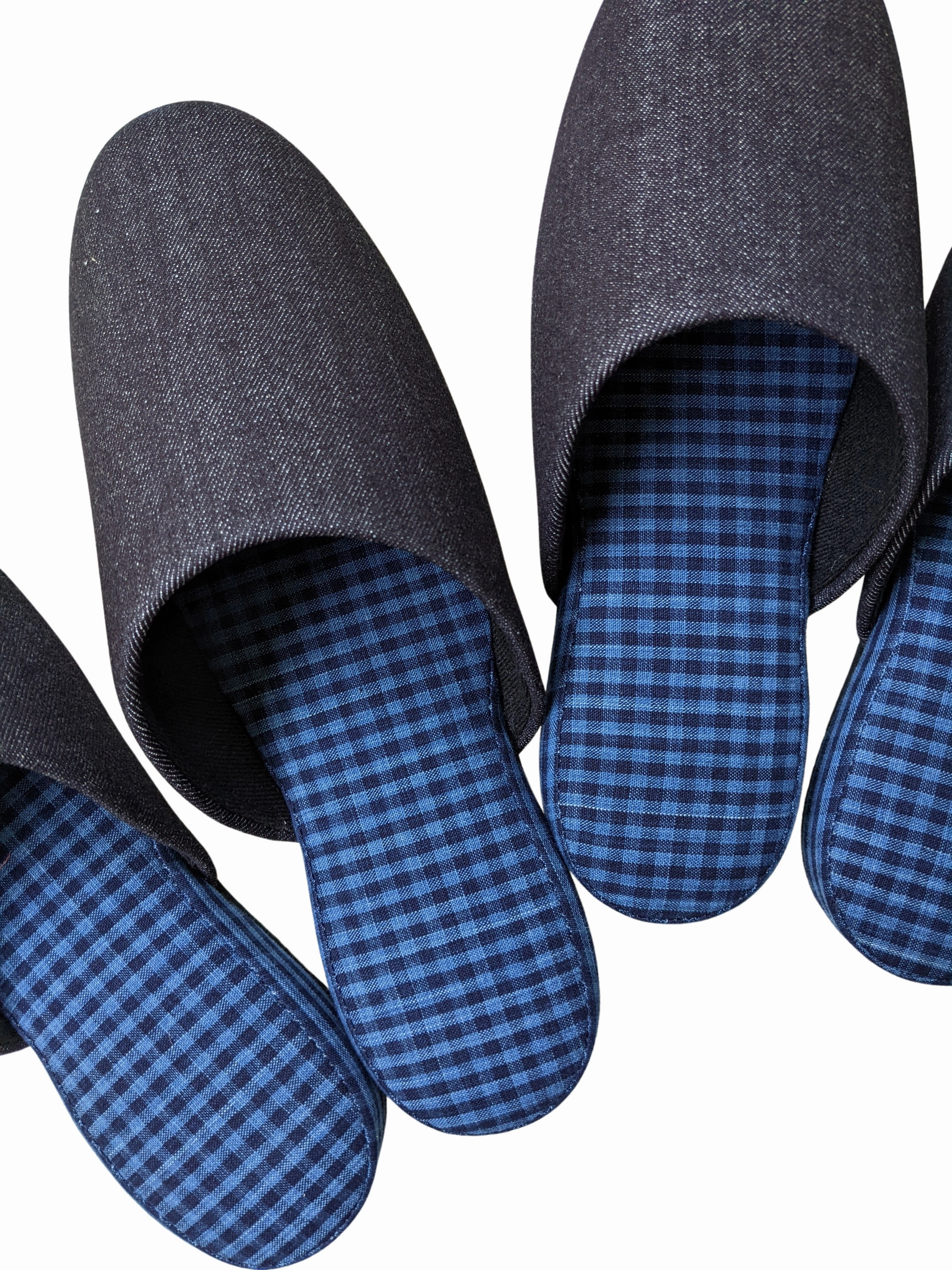 Water Slippers Denim Blue Checkered Plaid Mix Slippers [Black wool felt sole] 2 size Large / XL