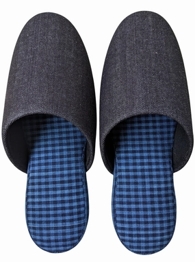 Plushie Slippers Denim Blue Checkered Plaid Mix Slippers [Black wool felt sole] 2 size Large / XL