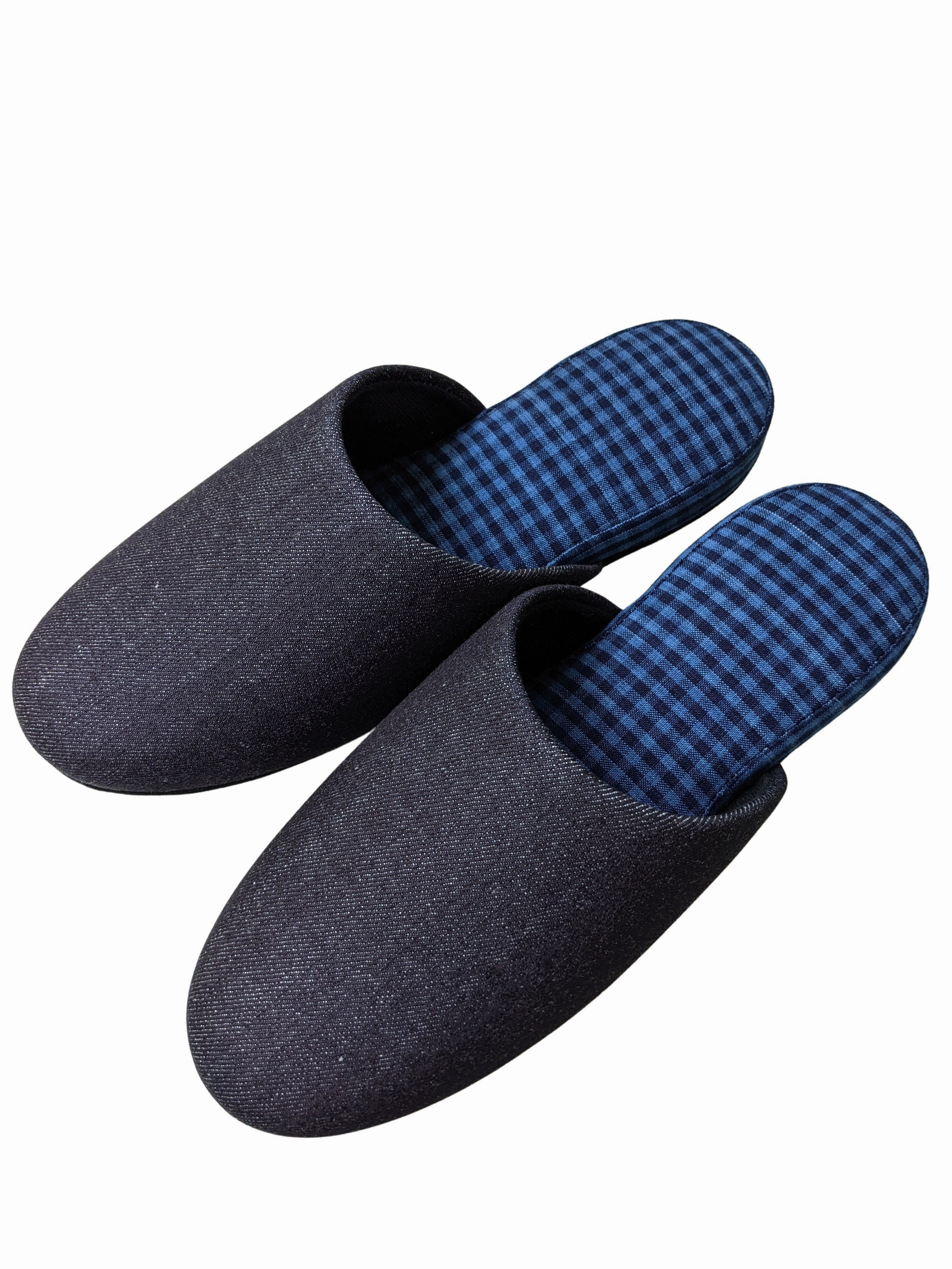 Denim Blue Checkered Plaid Mix Slippers [Black wool felt sole] 2 size Large / XL Cute Slides