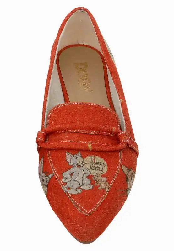 Best Flat Footed Shoes DOGO - Women Vegan Leather Orange Flat Shoes - Warner Bros Tom & Jerry Design