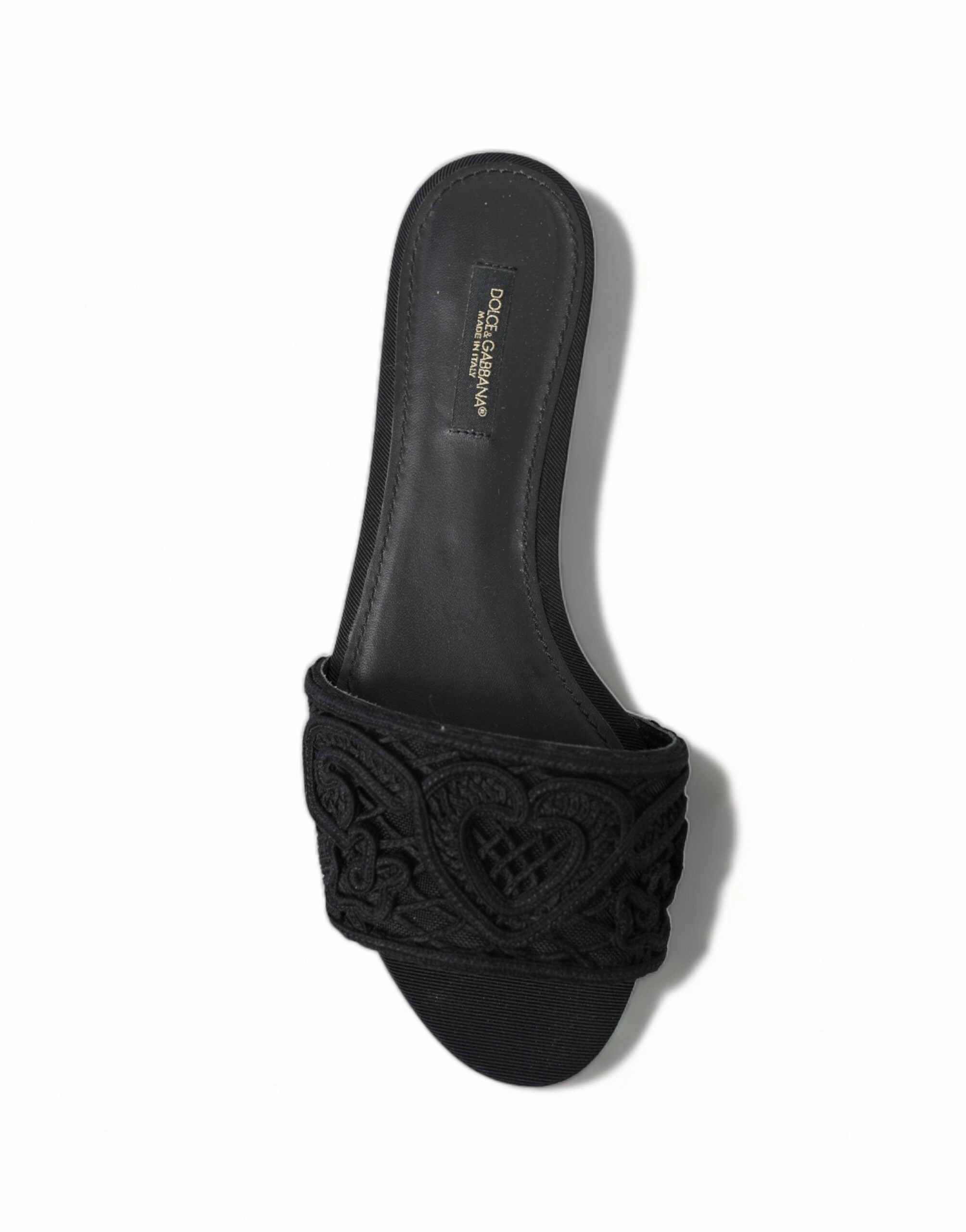 Dolce & Gabbana Black Cotton Heart Embroidery Sandals Shoes Slingback Flat Pointed Shoes