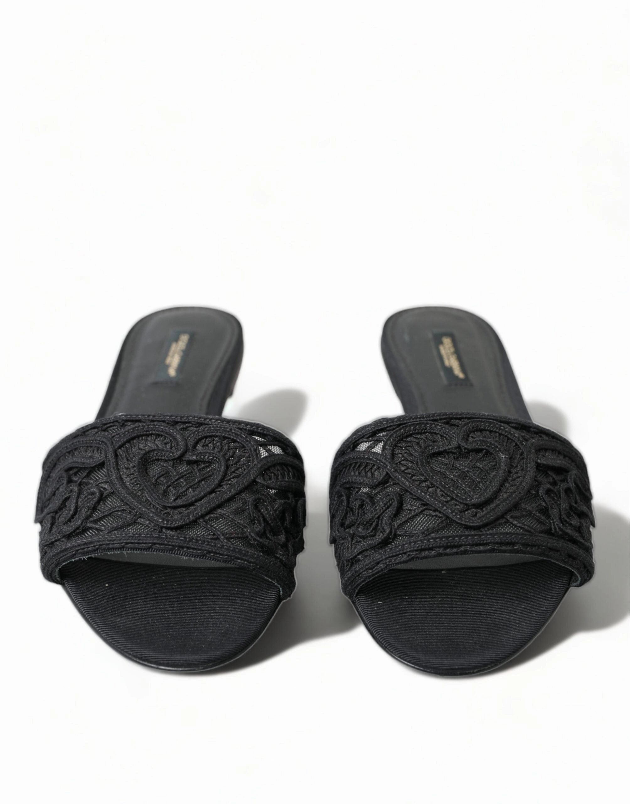 Flat Shoes For Nearby Dolce & Gabbana Black Cotton Heart Embroidery Sandals Shoes