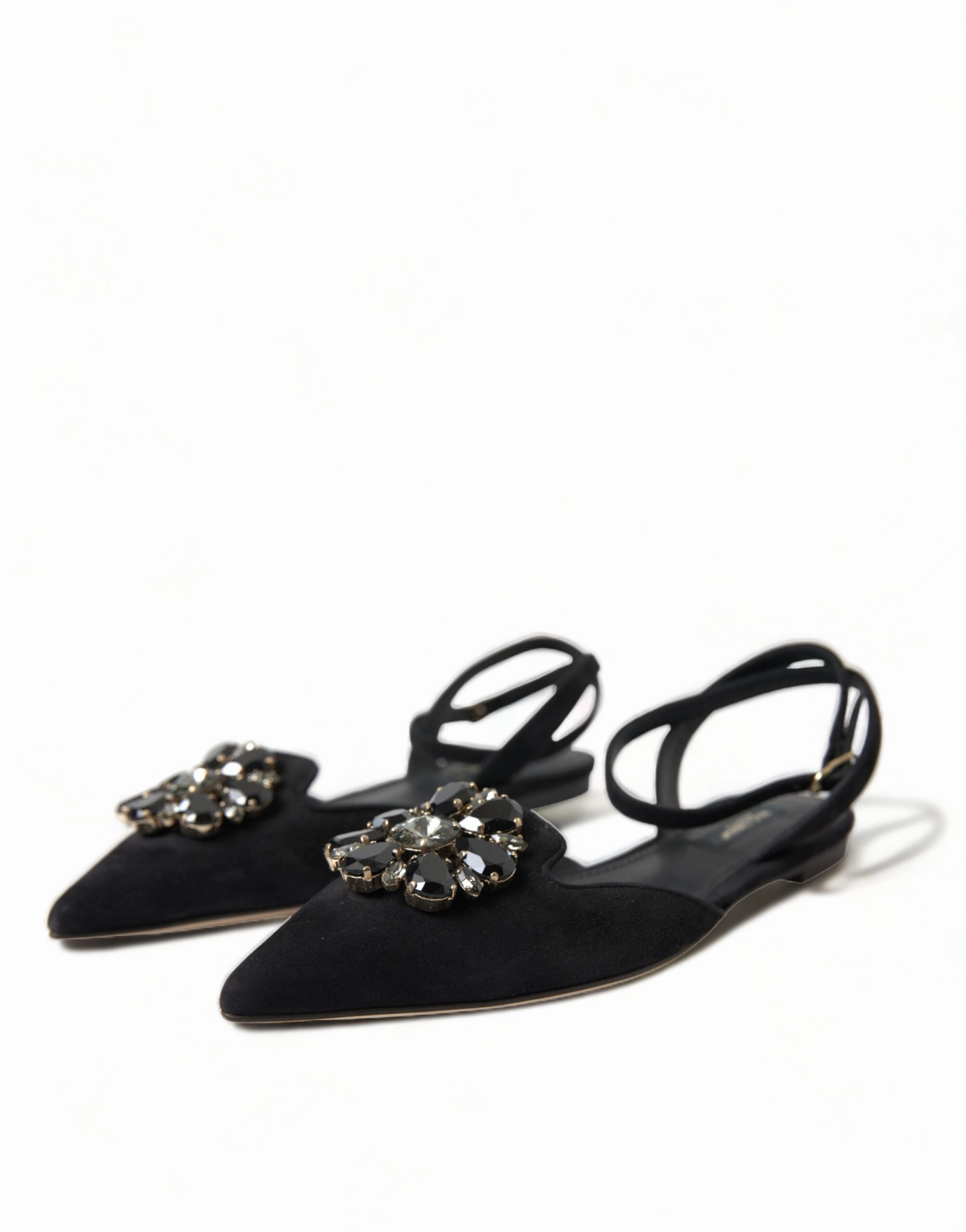 Dolce & Gabbana Black Leather Crystal Slingback Flats Shoes Fold Away Flat Shoes