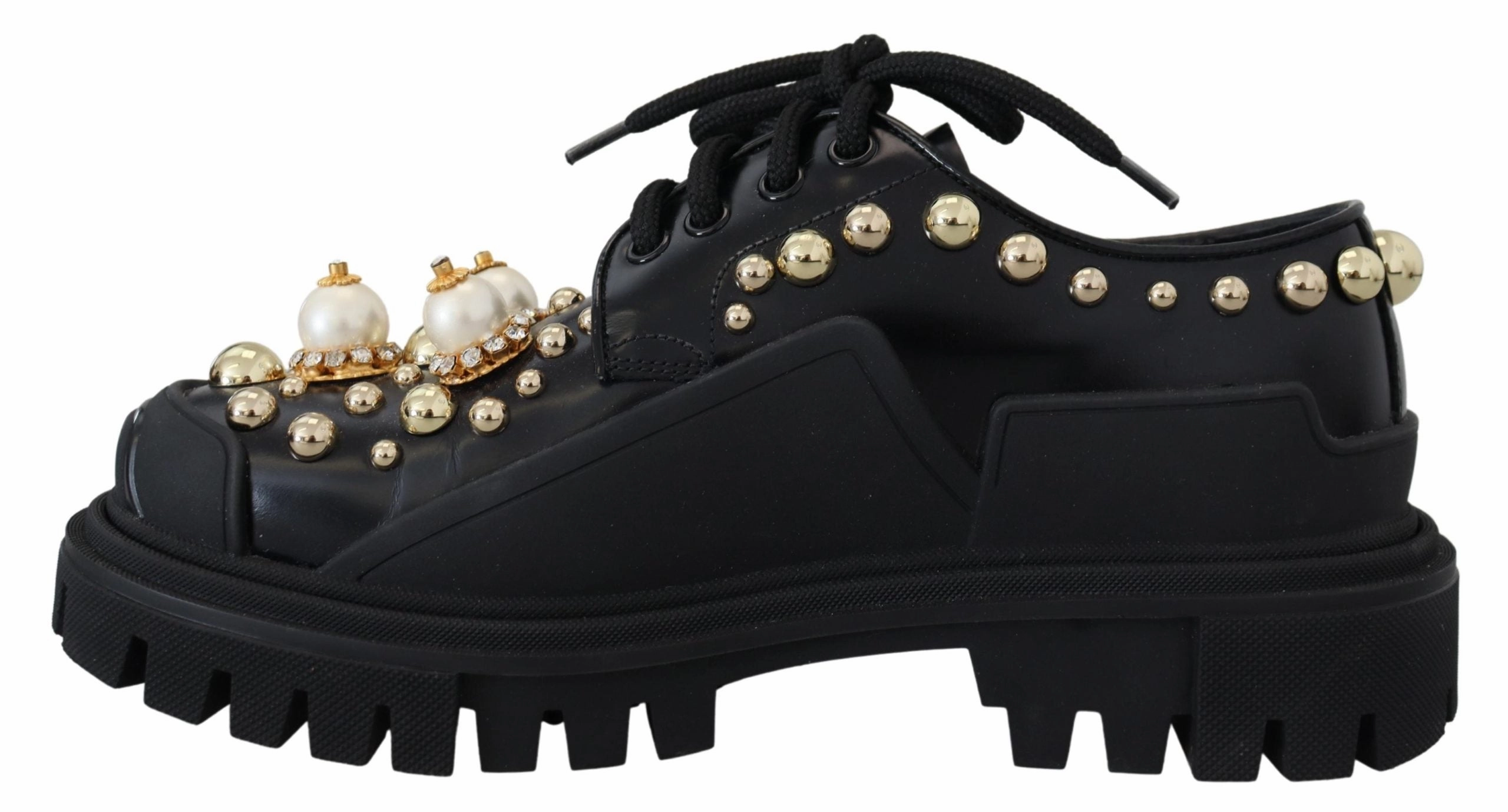 Shoes For Flat Pedals Road Bike Dolce & Gabbana Black Leather Trekking Derby Embellished Shoes