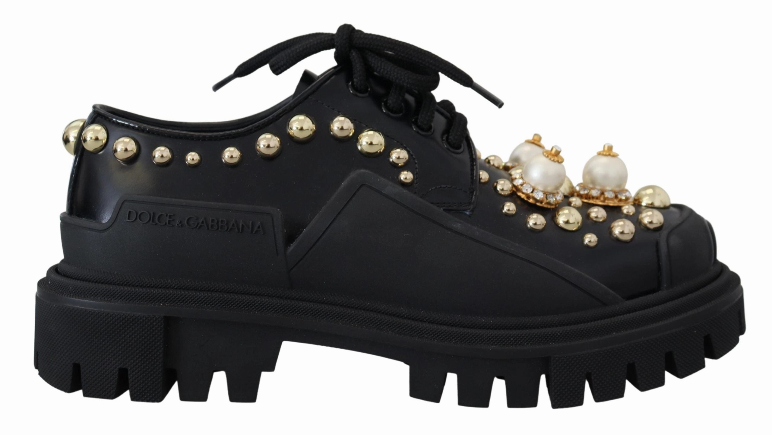 Dolce & Gabbana Black Leather Trekking Derby Embellished Shoes Flats Liz Claiborne Shoes