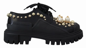 Cute Flat Shoes Cheap Dolce & Gabbana Black Leather Trekking Derby Embellished Shoes