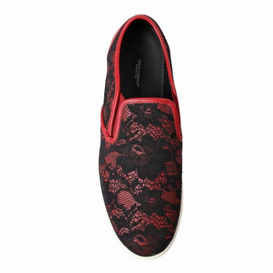 Dolce & Gabbana Black Red Lace Slip On Low Top Sneakers Shoes Shoes Flats