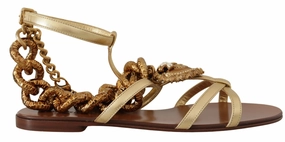 Flat Mountain Bike Shoes Dolce & Gabbana Gold Leather Devotion Flats Sandals
